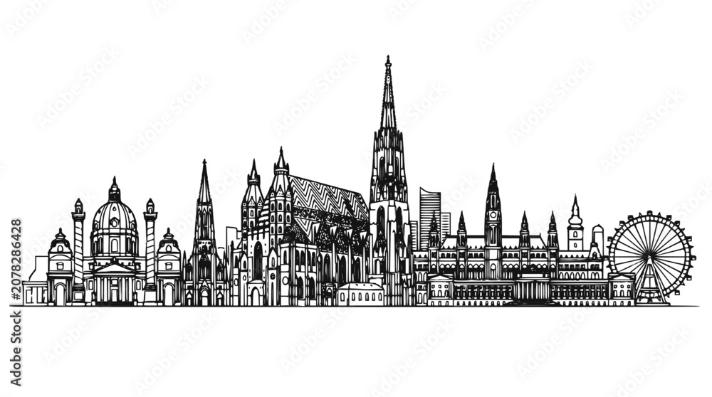 Fototapeta premium Vienna Austria Skyline Illustration, Historic City Landmarks Linear Vector Art on White Background