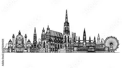 Vienna Austria Skyline Illustration, Historic City Landmarks Linear Vector Art on White Background