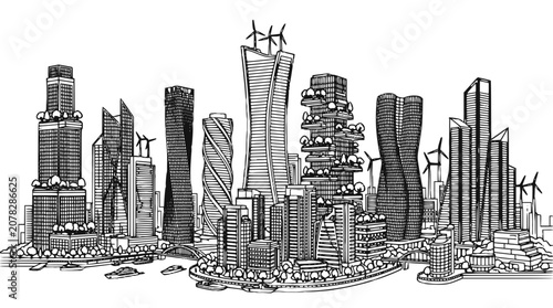 Eco-Friendly Smart City Sketch with Futurist Skyscrapers and Wind Turbines Vector Illustration