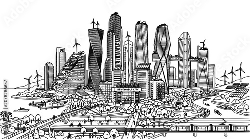 Eco-Friendly Smart City Sketch with Wind Turbines and Solar Power Infrastructure
