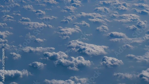 4K Motion landscape sky Aerial view summer tropical blue sky fluffy white cloud summertime sunny day cloudscape. Cumulus blue skyline spring sunlight climate background. Heaven environment