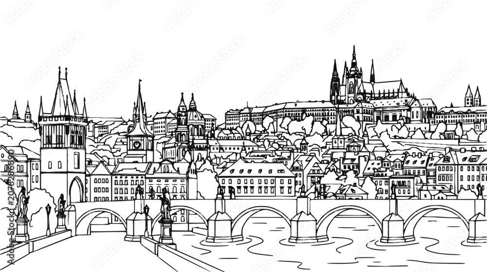 Obraz premium Prague Cityscape Sketch with Charles Bridge and Hradcany Castle Skyline Illustration