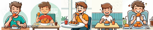 Fotografie Happy cartoon boy enjoying fried chicken in various settings