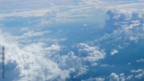 4K Motion landscape sky Aerial view summer tropical blue sky fluffy white cloud summertime sunny day cloudscape. Cumulus blue skyline spring sunlight climate background. Heaven environment