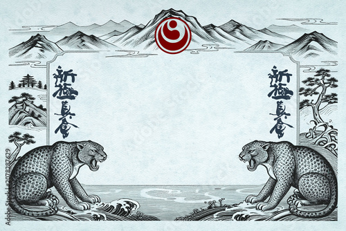 Certificate, diplom karate, martial arts with frame. Old vintage grunge paper texture background poster art design.