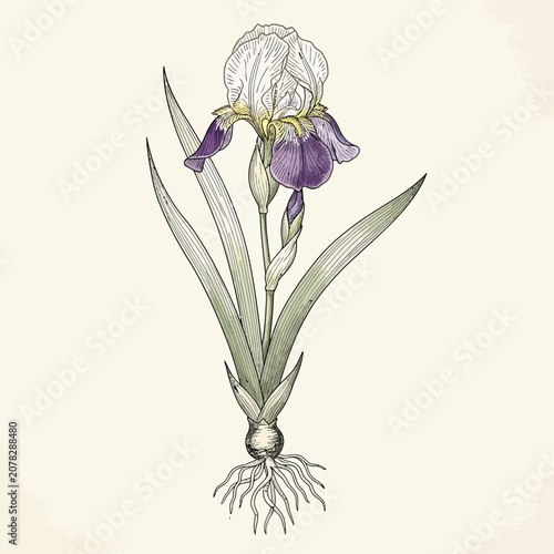 Detailed botanical illustration of a purple and white iris flower with roots.