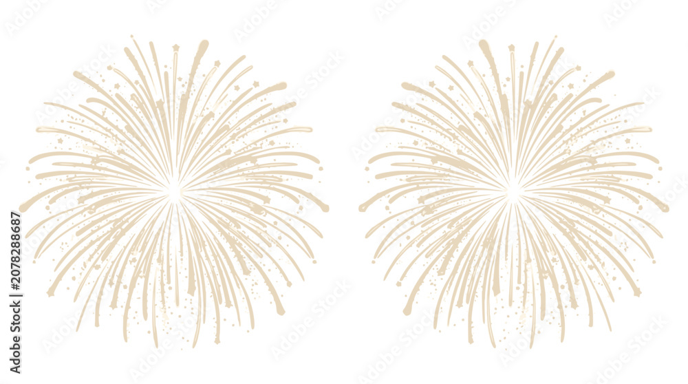 Naklejka premium Two elegant golden firework vector illustrations featuring intricate starburst patterns for festive holiday celebrations and creative digital graphic design projects