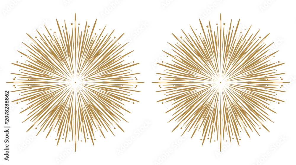 Obraz premium Elegant gold sunburst vector illustration featuring intricate radial lines and decorative sparkling star elements isolated on a clean white background