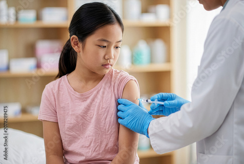 Little Asian girl getting vaccinated in arm by doctor with syringe in clinic