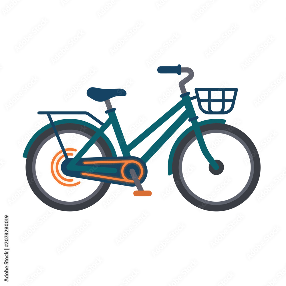 Fototapeta premium Teal vintage city bicycle with front basket and rear rack illustration.