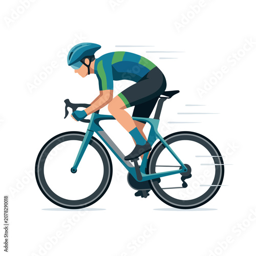 Professional male cyclist riding a road bike at high speed in a race competition.