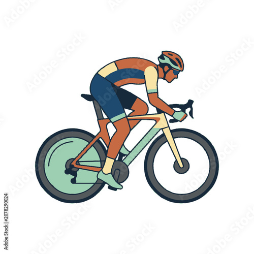 Professional cyclist riding a modern road bike in a racing position illustration.
