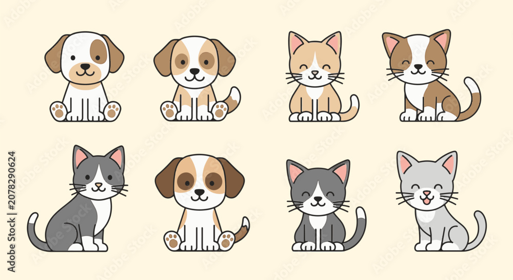 Fototapeta premium Collection of eight cute cartoon pet illustrations including various puppy and kitten characters in a minimalist flat vector style with thick black outlines on a cream background.