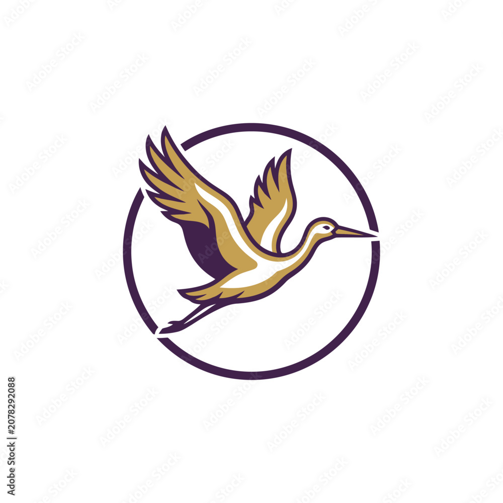Fototapeta premium Minimalist flying crane bird circular logo design.