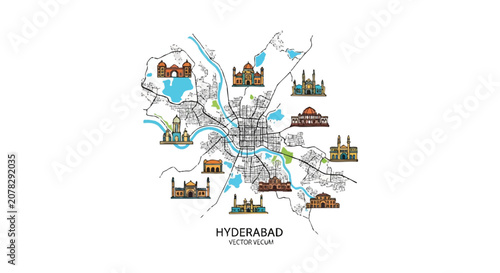 Vector map of Hyderabad city, India, featuring detailed street layouts, major roads, and markers for famous historical landmarks and tourist attractions in an editable EPS format.