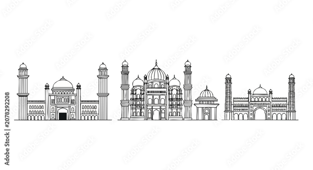 Obraz premium Vector illustration of Hyderabad, India landmark architecture featuring the Charminar monument with four minarets and ornate Islamic arches, isolated on a clean white background.