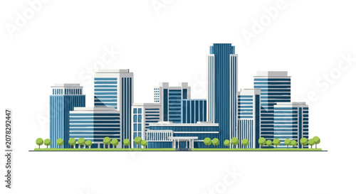 Vector illustration of a modern technology park in Hyderabad featuring glass skyscrapers, corporate office buildings, landscaped gardens, and urban infrastructure for the IT industry.