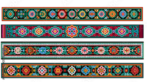 Premium traditional Korean Dancheong floral seamless border and panel pattern vector set