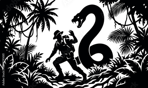 Schilderij op canvas Dramatic Black and White Jungle Scene with an Adventurer encountering a Massive Serpent in the Deep Rainforest, Vector Art for Survival, Wilderness Exploration and Nature Stories