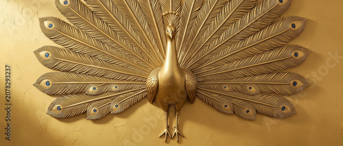Decorative metallic peacock wall art with detailed feathers, mounted on a gold-textured background.