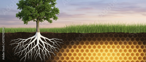 A tree with visible roots grows above a honeycomb pattern below ground under a twilight sky with grass in the background.