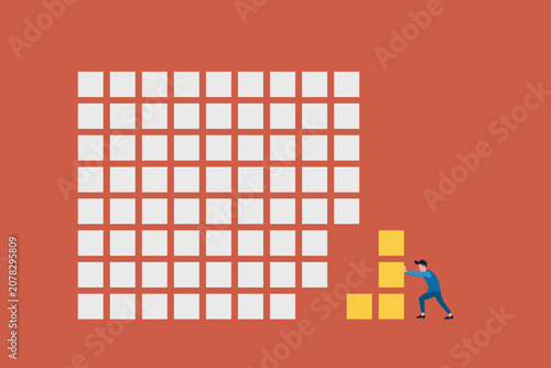 Businessman push block. concept of corporate teamwork, project completion solution, missing piece, strategic planning goal achievement