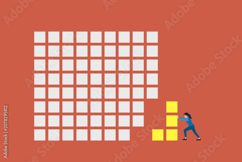 Business woman push block. concept of corporate teamwork, project completion solution, missing piece, strategic planning goal achievement
