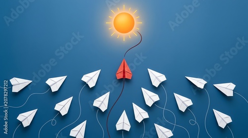 One Red Paper Plane Leading a Group of White Paper Planes Toward the Bright Yellow Sun Symbolizing Leadership and Innovation