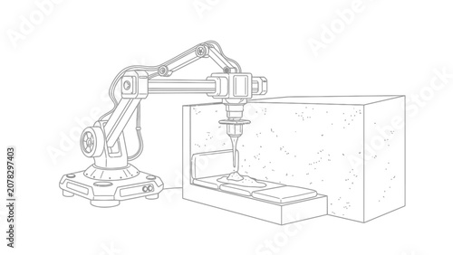 3D Concrete Printing Robot Arm Illustration - Automated Construction Technology Line Art