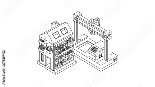 Isometric line art of 3D house printer constructing eco-friendly home with vertical gardens.