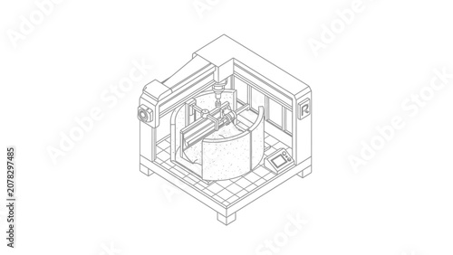 Isometric CNC Machine Line Art Technical Illustration