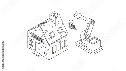 Isometric Line Art of Robotic Arm Building a Smart Home