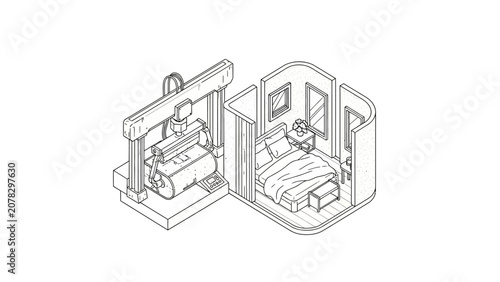 Isometric line art of a 3D printer constructing a modern bedroom interior.