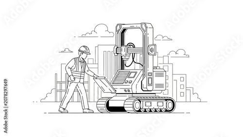 3D Construction Printing Robotic Machine Line Art with Construction Worker and Cityscape