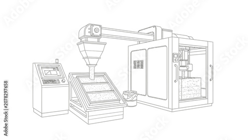 Industrial 3D Printing and Automated Manufacturing Machine Line Drawing. Technical Outline of CNC Equipment and Factory Control Panel.