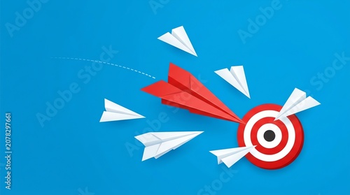 Red Paper Plane Hitting the Center of a Target Concept for Precision Business Strategy and Competitive Goal Achievement Success