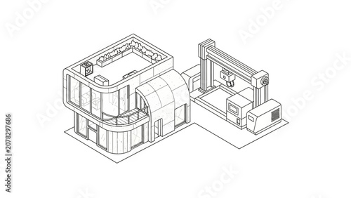 Isometric 3D Printed House Construction Line Art with Modular Architecture and Industrial Robotic Printer