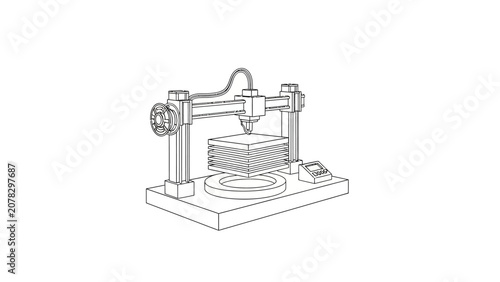 3D Printer Line Art Illustration for Manufacturing and Prototyping Concepts