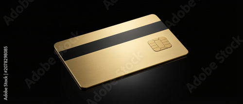 A sleek gold credit card with a black magnetic stripe and chip, set against a black background.