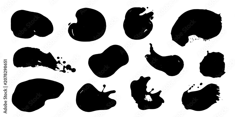 Fototapeta premium Set of solid black watercolor drops, liquid stains, and fluid blobs vector
