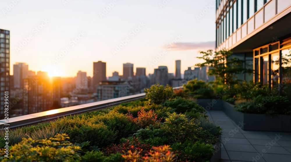 Naklejka premium Rooftop garden terrace with lush plants and flowers overlooking an urban city skyline