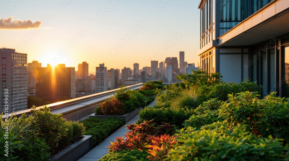 Fototapeta premium Rooftop garden terrace with lush plants and flowers overlooking a modern city skyline