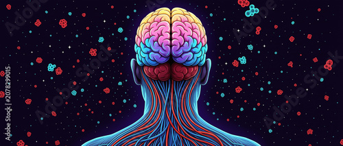 A colorful digital illustration of a human brain and nervous system with vibrant neural pathways extending from the head into space filled with molecular structures.