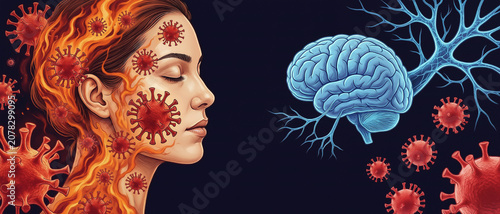 A digital illustration showing a human face with virus particles and brain neurons, symbolizing the impact of viruses on the brain and nervous system.