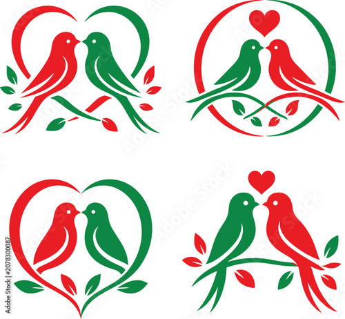 Tableau sur toile Collection of four romantic bird logo designs featuring red and green lovebirds