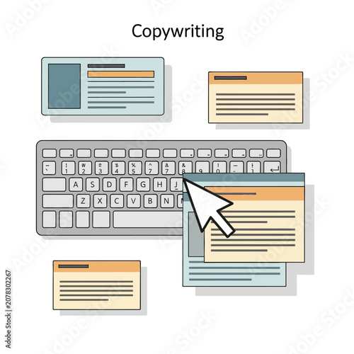 Flat vector illustration of digital copywriting and online content creation concept with keyboard and text documents