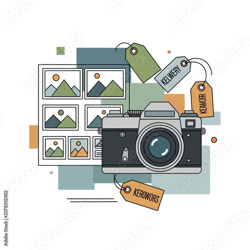 Modern photography concept illustration featuring a professional camera, image frames, and metadata labels for organization