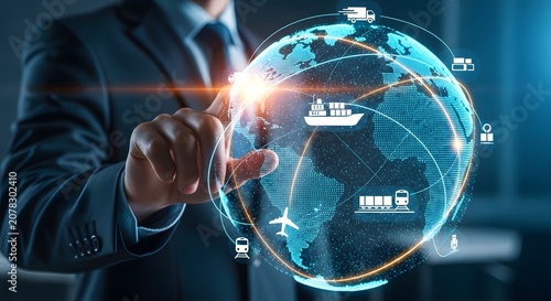Businessman touching glowing digital globe with logistics icons