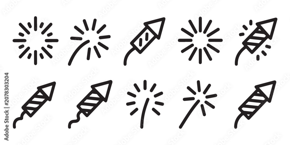 Fototapeta premium Collection of linear firework and celebration rocket vector icons for festive holiday decorations and events.