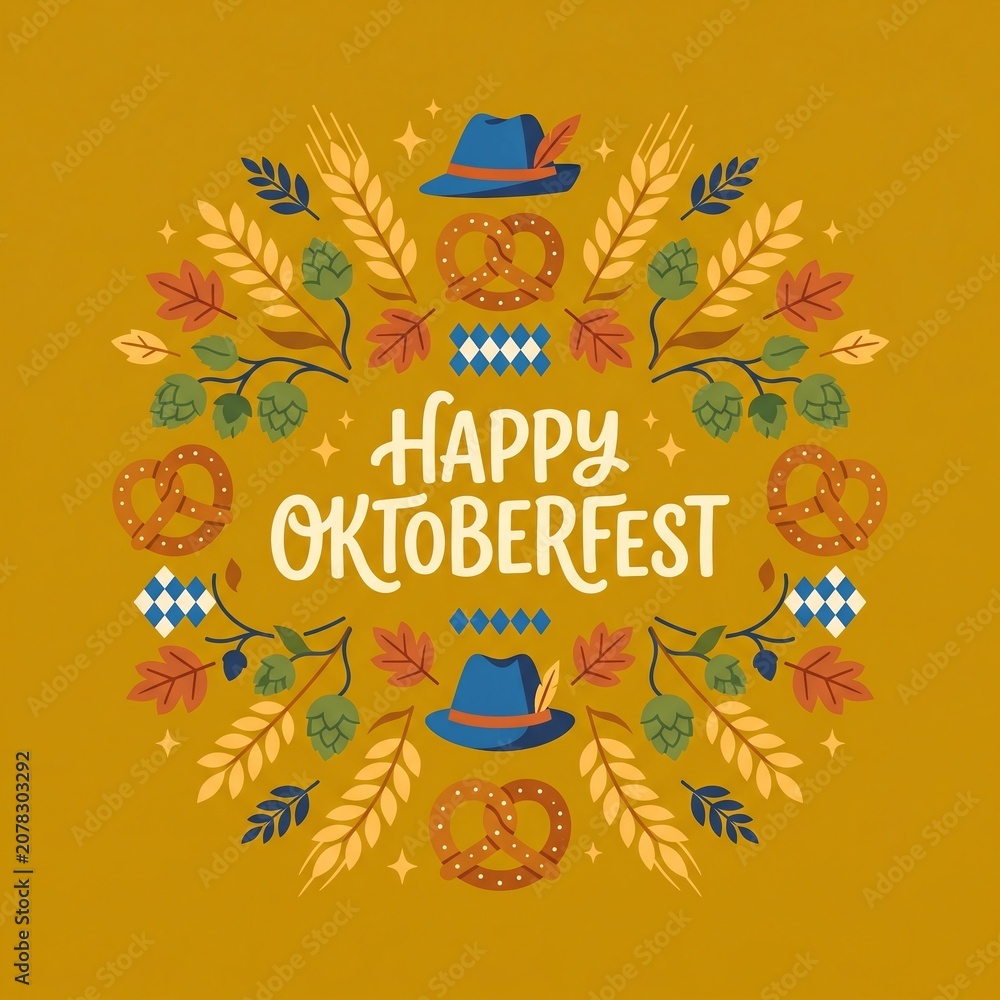 Fototapeta premium Flat Vector Illustration in Trendy Retro Boho Style with Pretzels and Happy Oktoberfest Greeting Text 